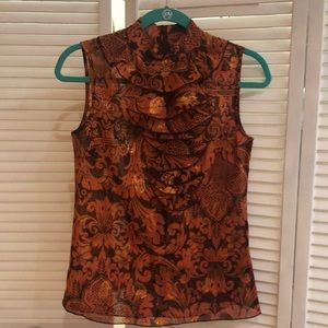 Anna Sui orange & brown ruffled sleeveless blouse